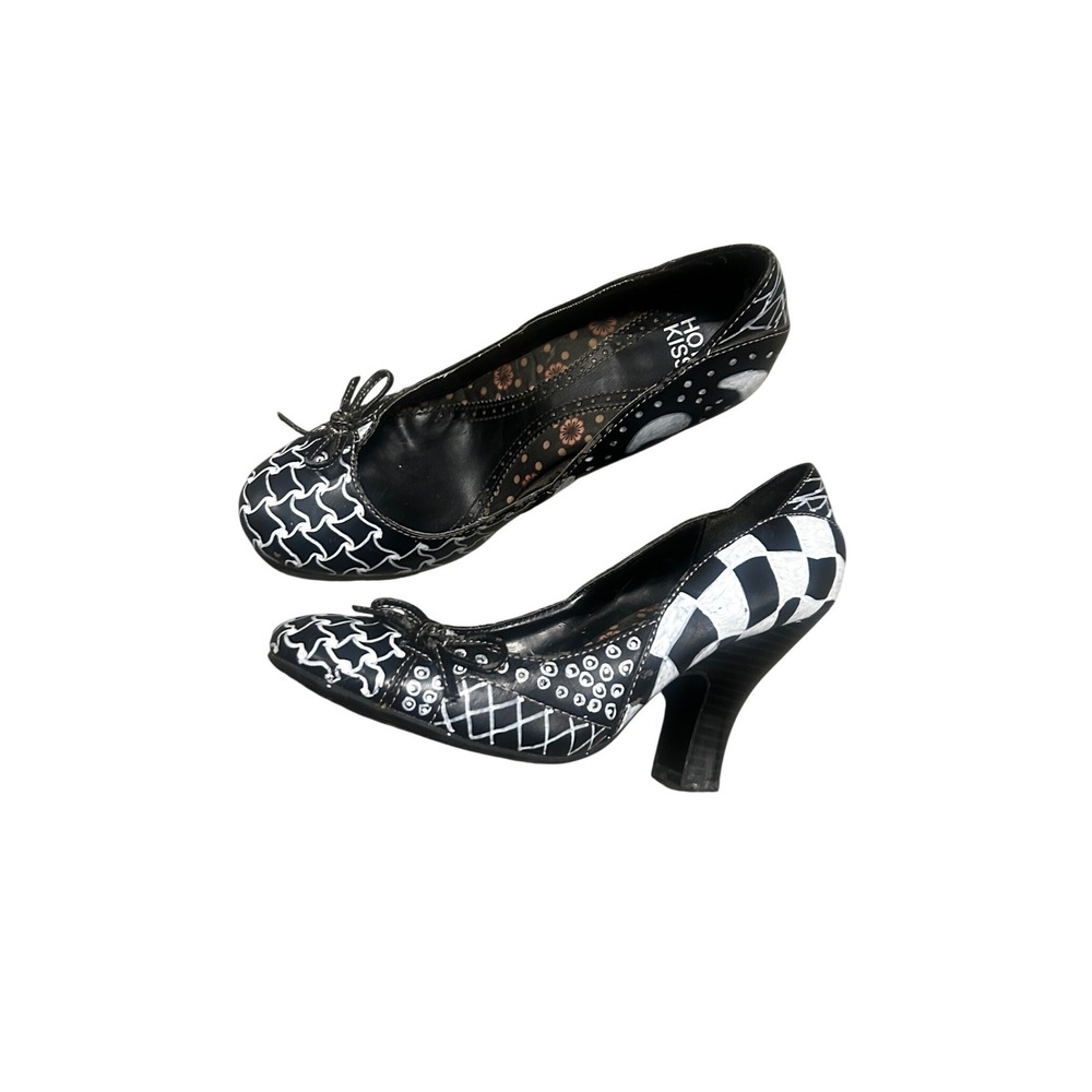 Hot Kiss Sherri Black White Mixed Print Checkered Bow Pumps Heels Womens 6.5 M